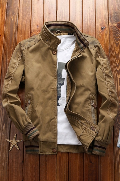 Novelty Guys Jacket Contrast Line Long Sleeve Stand Collar Fitted Pocket Zip down Jacket
