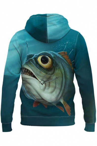 Popular Mens Hoodie 3D Fish Print Long Sleeves Slim Fit Hooded Drawstring Hoodie