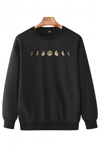 Popular Sweatshirt Moon Print Long Sleeves Crew Neck Relaxed Pullover Sweatshirt for Men