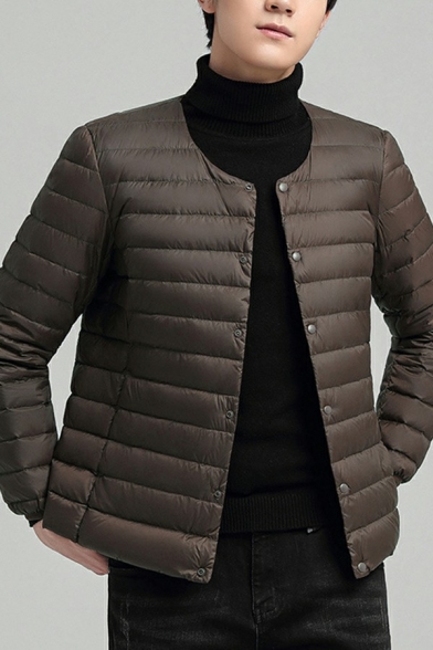 Trendy Down Coat Plain Round Neck Regular Button Closure Down Parka Coat for Men