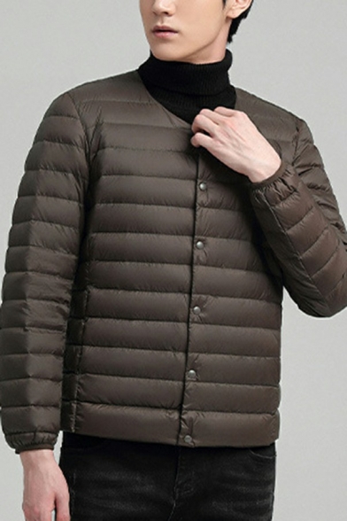 Trendy Down Coat Plain Round Neck Regular Button Closure Down Parka Coat for Men