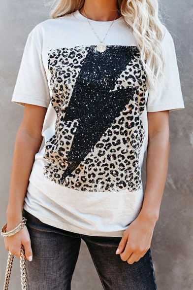 Trendy Womens Tee Top Leopard Pattern Round Neck Sequined Detail Short Sleeve T-Shirt