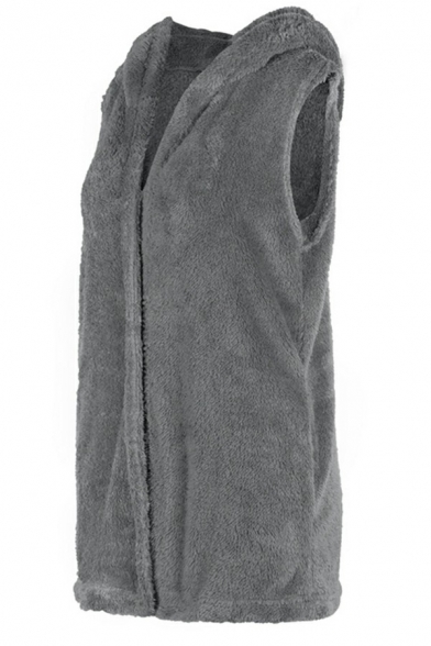 Vintage Vest Pure Color Open Front Hooded Midi Sherpa Vest for Ladies