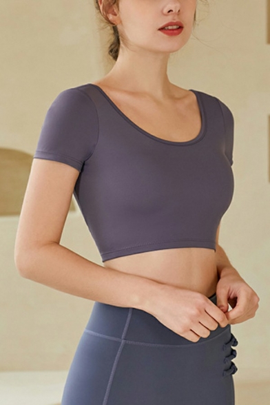 Women Novelty Set Plain Short Sleeve U-Neck Hollow Out T-Shirt Skinny Pants Active Co-ords