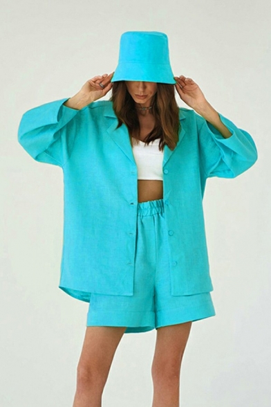 Baggy Women's Suit Co-ords Solid Button Up Notched Lapel Blazer with Shorts Set