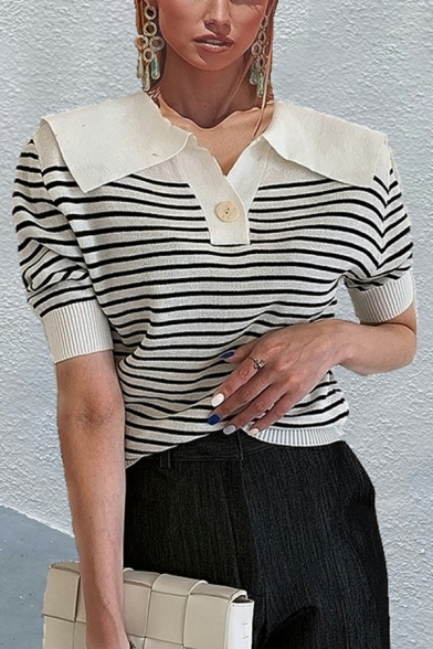 Chic Women's Polo Shirt Striped Button Pocket Spread Collar Short Sleeve Polo Shirt