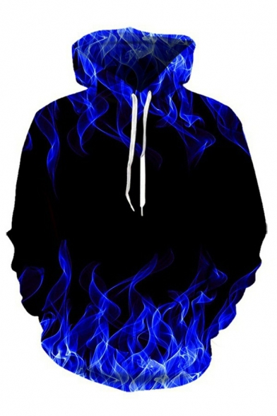 Fashionable Boys Hoodie 3D Fire Print Pocket Long Sleeve Relaxed Hooded Drawstring Hoodie