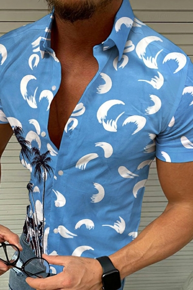 Guy's Dashing Shirt Floral Print Turn-down Collar Short-sleeved Slim Fit Button down Shirt