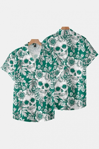 Guy's Modern Shirt Skull Printed Spread Collar Short-sleeved Regular Fit Button down Shirt