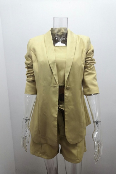 Ladies Popular Suit Three Piece Set Whole Colored Shawl Collar Blazer with Bow Shorts Set