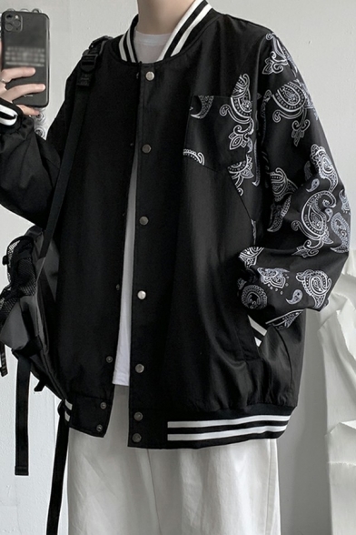 Leisure Bomber Jacket Paisley Printed Button up Stand Collar Pocket Bomber Jacket for Men