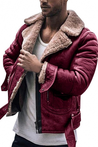 Leisure Leather Fur Jacket Pure Color Lapel Collar Full Zipper Leather Fur Jacket for Men