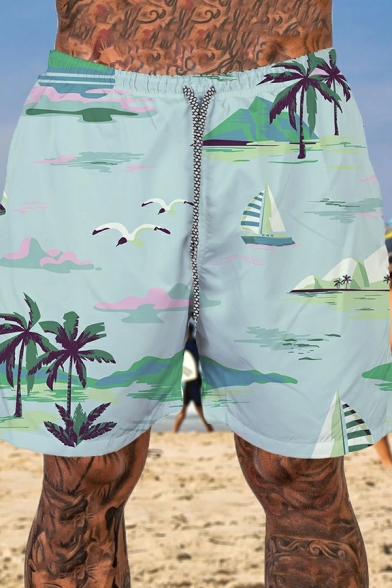 Men Athletic Shorts 3D Tropical Print Pocket Drawstring Waist Regular Fit Shorts