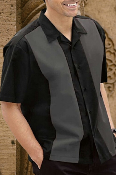 Men Novelty Shirt Striped Pattern Turn-down Collar Short Sleeve Regular Button-up Shirt