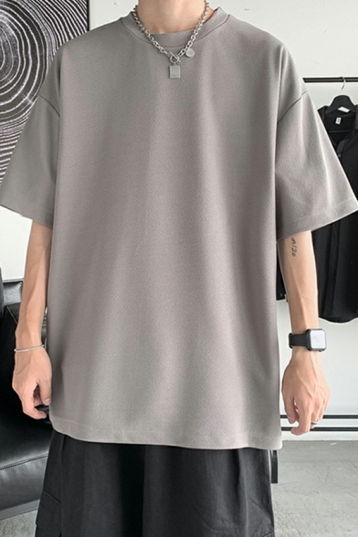Popular Men's T-shirt Solid Color Short Sleeves Round Neck Baggy Side Split Tee Top