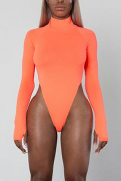 Popular Womens Bodysuit Pure Color High Neck Long Sleeve Bodysuit