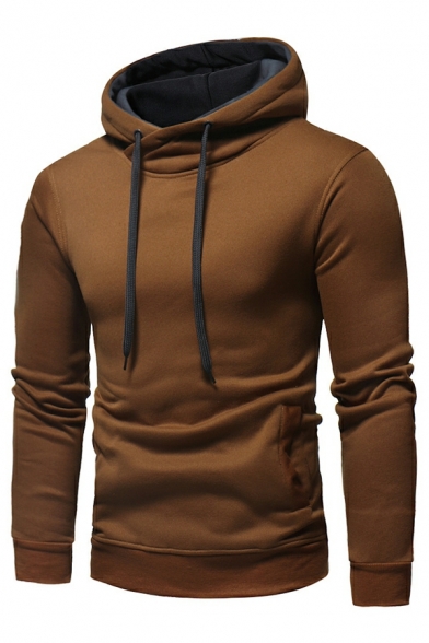 Simple Hoodie Plain Long-Sleeved Hooded Drawcord Skinny Hoodie for Men