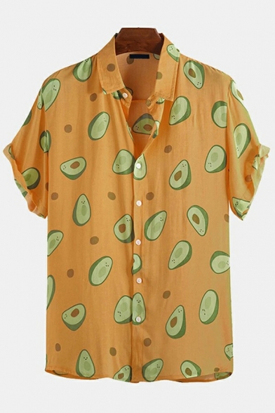 Simple Men Shirt Fruit Print Button down Short-sleeved Spread Collar Fitted Shirt