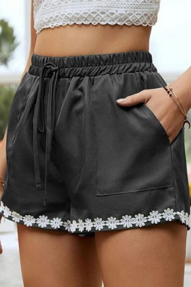 Simple Women's Shorts Embroidery Flower Pocket Drawstring High Waist Shorts