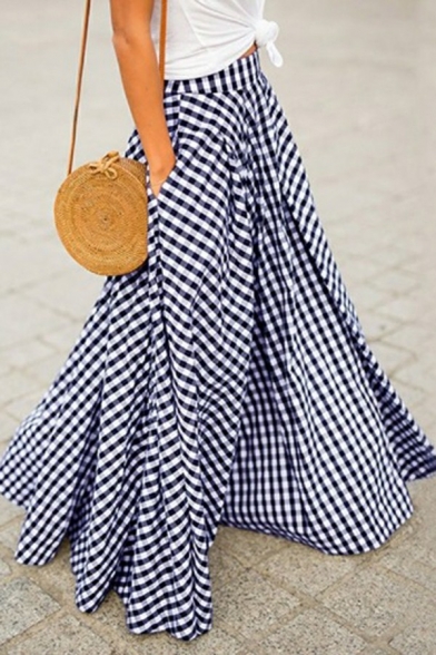 Street Style Women's Skirt Plaid Patterned Maxi Front Pocket A-Line Pleated Skirt
