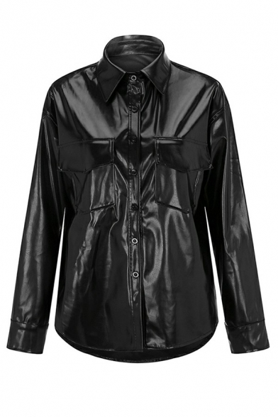 Trendy Ladies Jacket Plain Turn-Down Collar Single Breasted Long Sleeve Leather Jacket