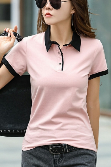 Vintage Women Polo Shirt Contrast Color Henley Collar Short Sleeve Button Polo Shirt