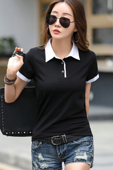 Vintage Women Polo Shirt Contrast Color Henley Collar Short Sleeve Button Polo Shirt