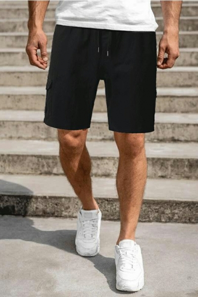 Elegant Shorts Pure Color Drawstring Waist Loose Fit Flap Pocket Mid Rise Shorts for Guys