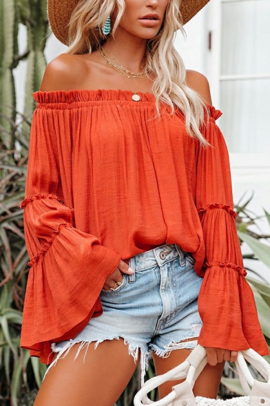 Elegant Womens Tee Top Solid Pleated Design Long Flared Sleeve Off The Shoulder T-Shirt