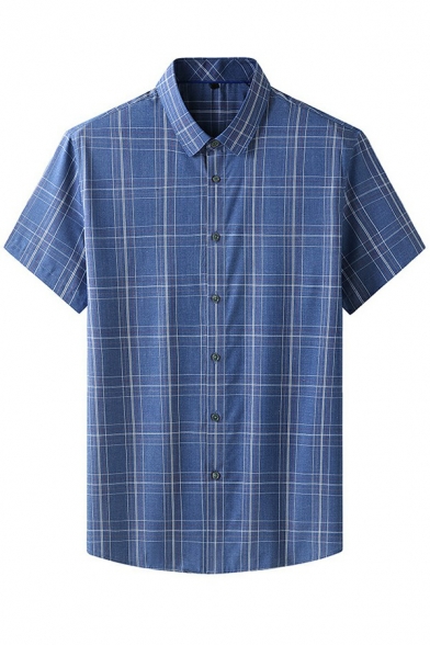 Freestyle Guy's Shirt Plaid Print Fitted Turn-down Collar Short Sleeves Button Down Shirt