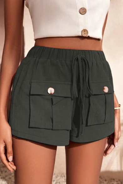 Girlish Women's Shorts Solid Flap Pocket Drawstring Waist High Rise Cargo Shorts