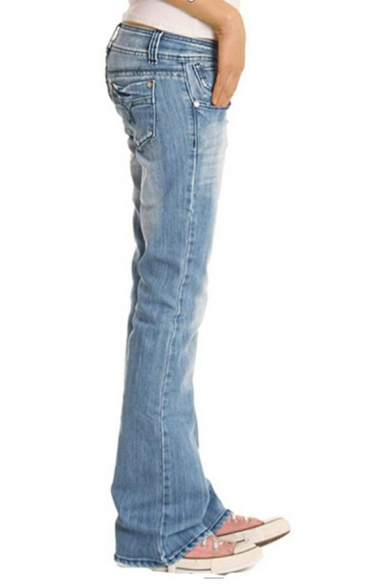 Girls Elegant Jeans Solid Pocket Full Length Straight Mid Rise Zip Fly Bootcut Jeans
