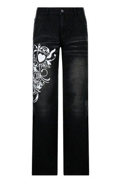 Ladies Cool Jeans Graffiti Printed Low Waist Zip Fly Bleach Side Pocket Jeans