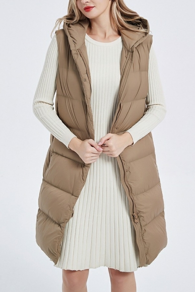 Ladies Elegant Vest Solid Hooded Sleeveless Regular Fit Hooded Zip Up Long Length Vest