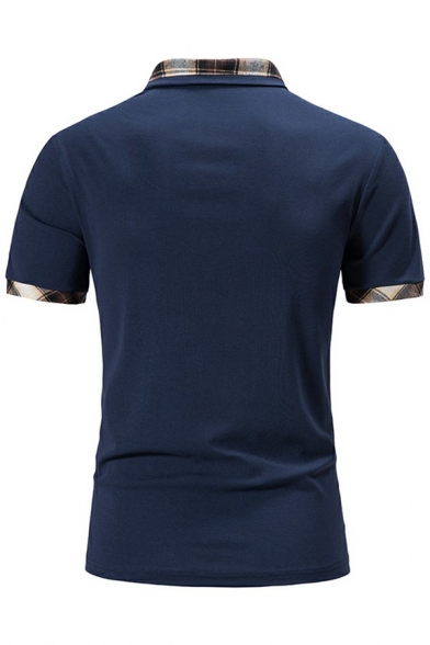Men Dashing Polo Shirt Plaid Pattern Turn-down Collar Short Sleeves Polo Shirt