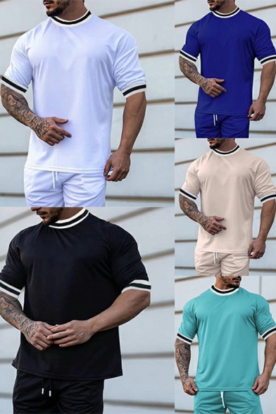 Men Formal T-shirt Contrast Line Regular Fit Crew Collar Short Sleeves Tee Top