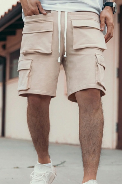 Men Simple Shorts Plain Drawstring Waist Flap Pocket Mid Rise Cargo Shorts