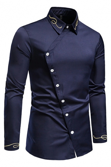 Mens Classic Shirt Contrast Line Turn-down Collar Long-Sleeved Irregular Button Shirt