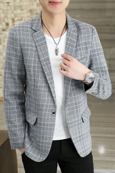 Popular Boy's Blazer Plaid Print Lapel Collar Flap Pocket Long Sleeve Single Button Blazer