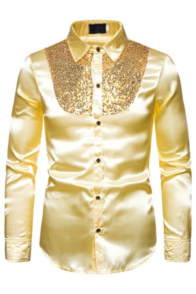 Retro Mens Shirt Sequins Print Turn-down Collar Slim Long Sleeve Button Curve Hem Shirt