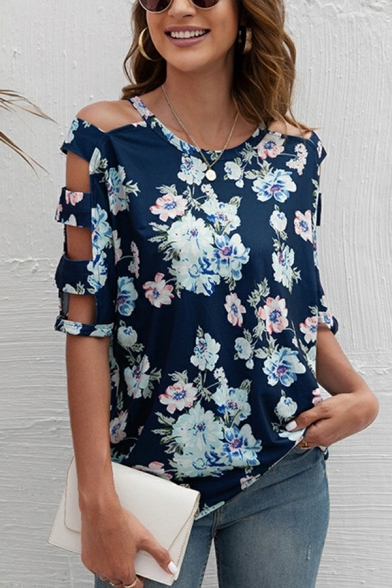 Simple Ladies T-Shirt Floral Patterned Round Neck Hollow Out Half Sleeve T-Shirt