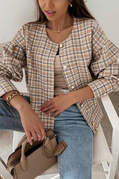 Stylish Womens Jacket Plaid Pattern Round Neck Single Breasted Long Sleeve Jacket