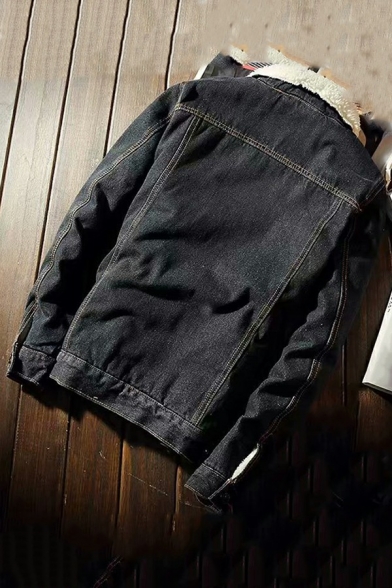 Urban Jacket Whole Colored Pocket Inner Fleece Spread Neck Button up Denim Jacket for Men