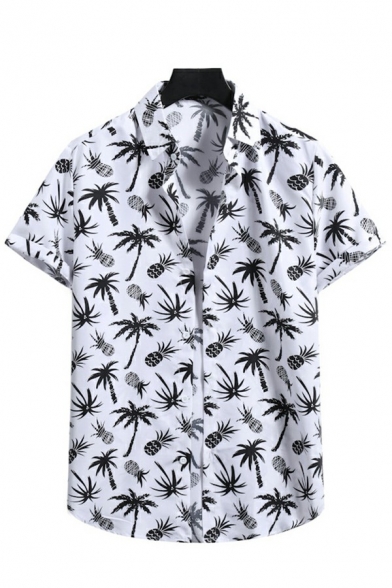 Vintage Shirt Tropical Pattern Spread Collar Fitted Short Sleeve Button Fly Shirt for Guys