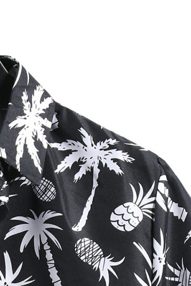 Vintage Shirt Tropical Pattern Spread Collar Fitted Short Sleeve Button Fly Shirt for Guys