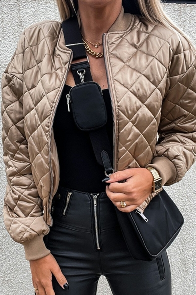 Women Cool Jacket Solid Zip Up Rib Cuffs Quilted Stand Collar Jacket
