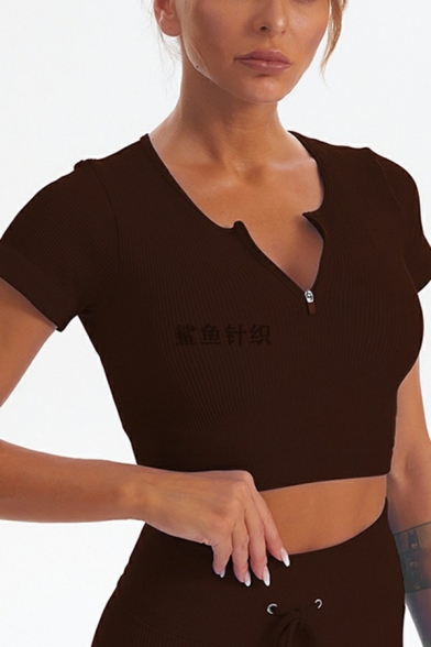 Women Fashion Co-ords Solid Zip Placket Crew Neck T-Shirt Drawstring Shorts Set