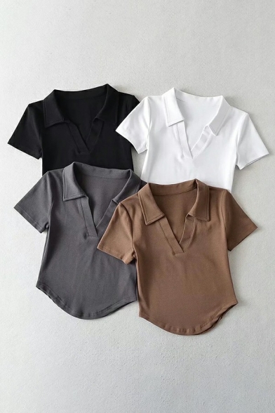 Chic Women's Polo Shirt Plain Asymmetric Hem V Neck Slim Fit Short Sleeve Polo Shirt