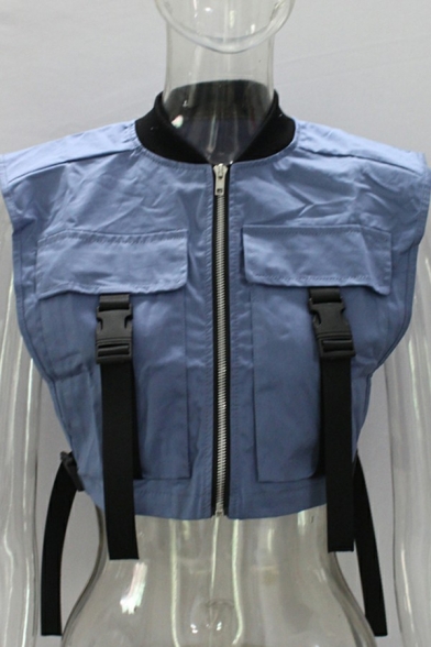 Chic Womens Vest Contrast Color Stand Neck Zip Up Buckle Detail Flap Pocket Cropped Vest