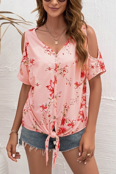 Classic Tee Top Floral Print Cold Shoulder Buttons V-Neck Lace-up Tee Top for Ladies